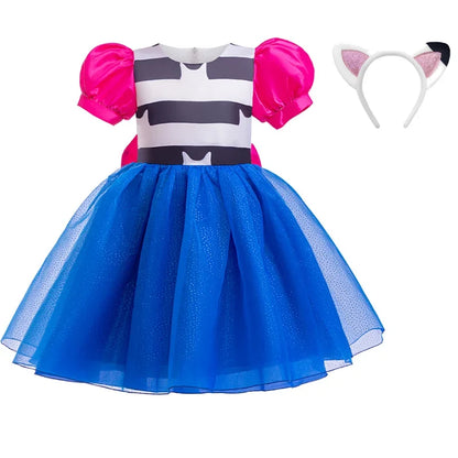 Kids Girls Cartoon Cats Cosplay Princess Dress Children Puff Sleeve Bow Tulle Gown For Carnival Halloween Birthday Party Outfit