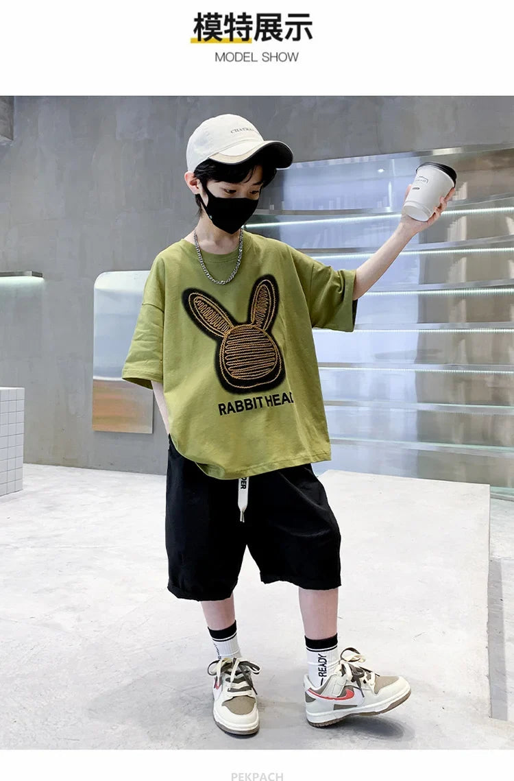 Cartoon Rabbit Boys Summer Clothing Two Piece Set Outfits Short Sleeved T-shirt Shorts Tracksuits Kids Children Casual Costumes