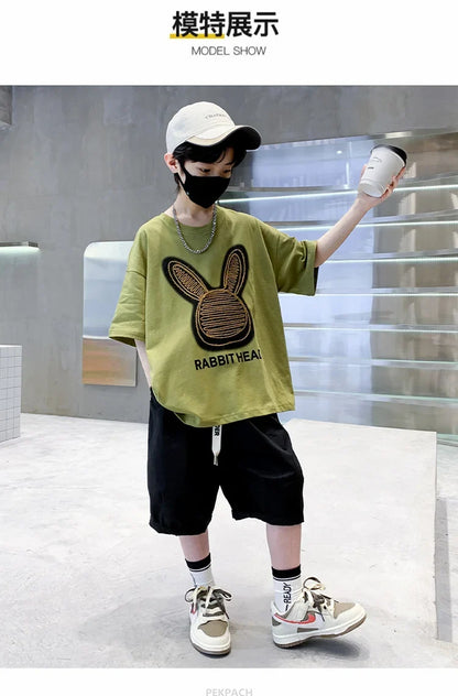 Cartoon Rabbit Boys Summer Clothing Two Piece Set Outfits Short Sleeved T-shirt Shorts Tracksuits Kids Children Casual Costumes