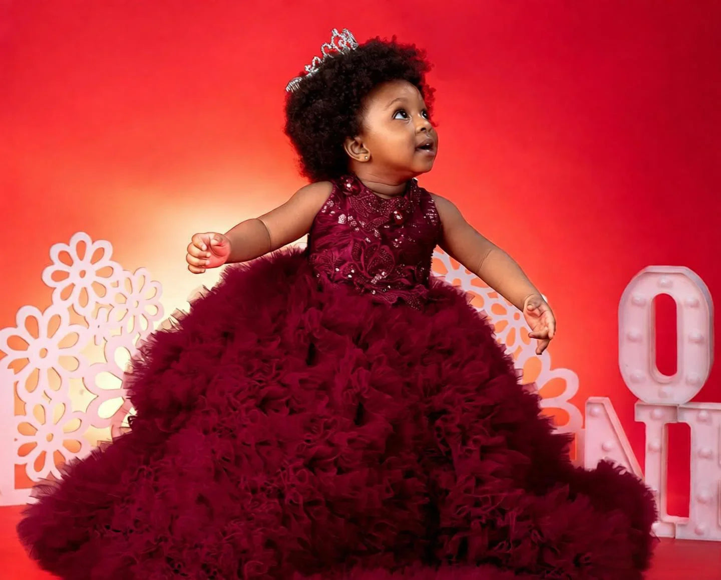 Luxury Red Ruffles Flower Girl Dresses Sequined Princess Customized Baby Girls First Birthday Party Pageant Dress For Wedding