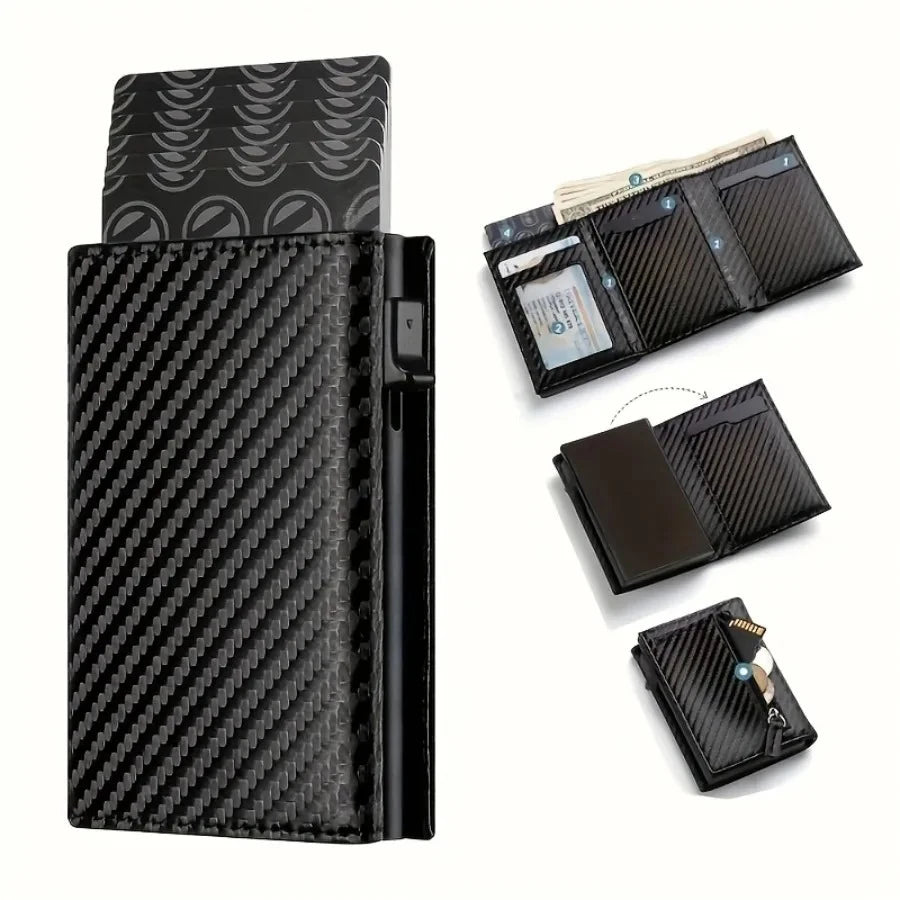 Portefeuille Homme avec Porte-Monnaie Zippé, Porte-Cartes de Crédit Métallique Éjectable Automatique, Portefeuille Minimaliste Anti-RFID pour Cartes de Visite – Idée Cadeau