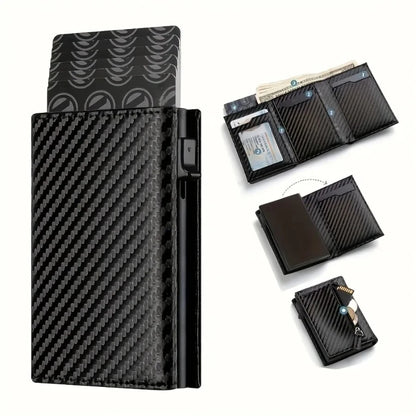 Portefeuille Homme avec Porte-Monnaie Zippé, Porte-Cartes de Crédit Métallique Éjectable Automatique, Portefeuille Minimaliste Anti-RFID pour Cartes de Visite – Idée Cadeau
