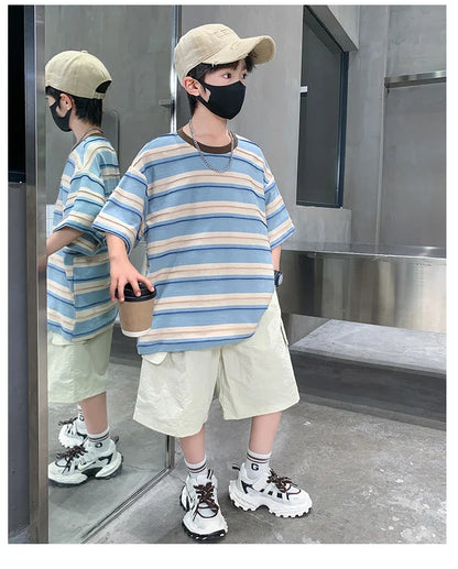 Children Summer Pink Blue Striped Suit Top and Bottom Clothes Set For Teen Boy New Fashion Tracksuit Outfit Kids Casual Clothing
