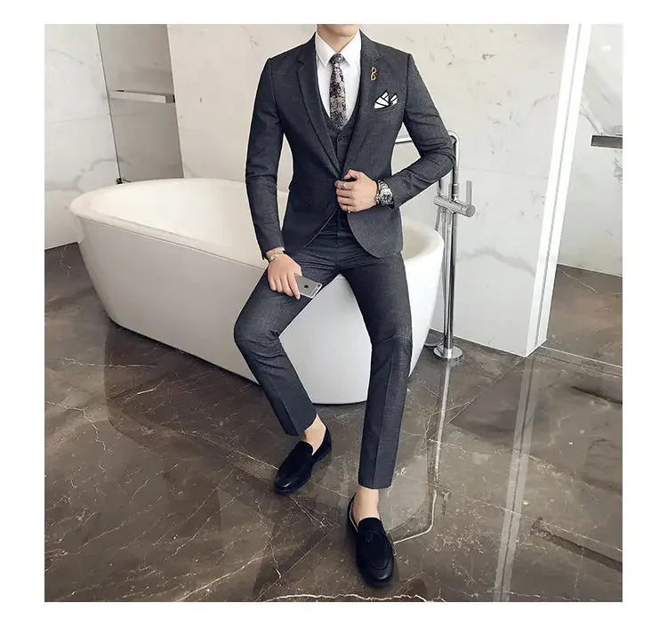 Blue Men Classic Striped/Checked Suits, Asian Size Slim Fit Business Office 3-Piece Sets, Black/Gray and Red Available.