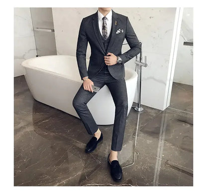 Blue Men Classic Striped/Checked Suits, Asian Size Slim Fit Business Office 3-Piece Sets, Black/Gray and Red Available.