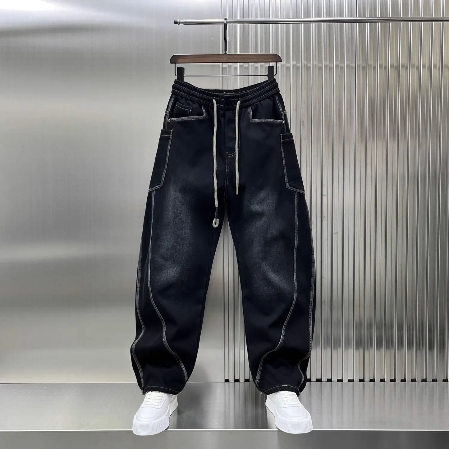 Spring Autumn 2025 New Splicing Cutting Elastic Waist Large Size Boys Washed Loose Wide Leg Big Pocket Scimitar Drawstring Jeans