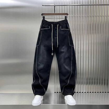 Spring Autumn 2025 New Splicing Cutting Elastic Waist Large Size Boys Washed Loose Wide Leg Big Pocket Scimitar Drawstring Jeans