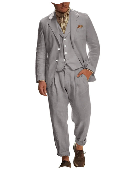Italian Style Men's Linen 3 Piece Set Notch Lapel 2 buttons Blazer+Vest+Pants Breathable Lightweight Summer Casual Business Suit