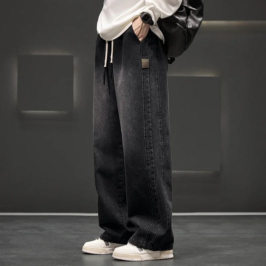 8XL New Wide Leg Washing Jean Pants Men Trousers Neutral Solid Color Loose Casual Straight Outdoor Fashion Plus Size Pants