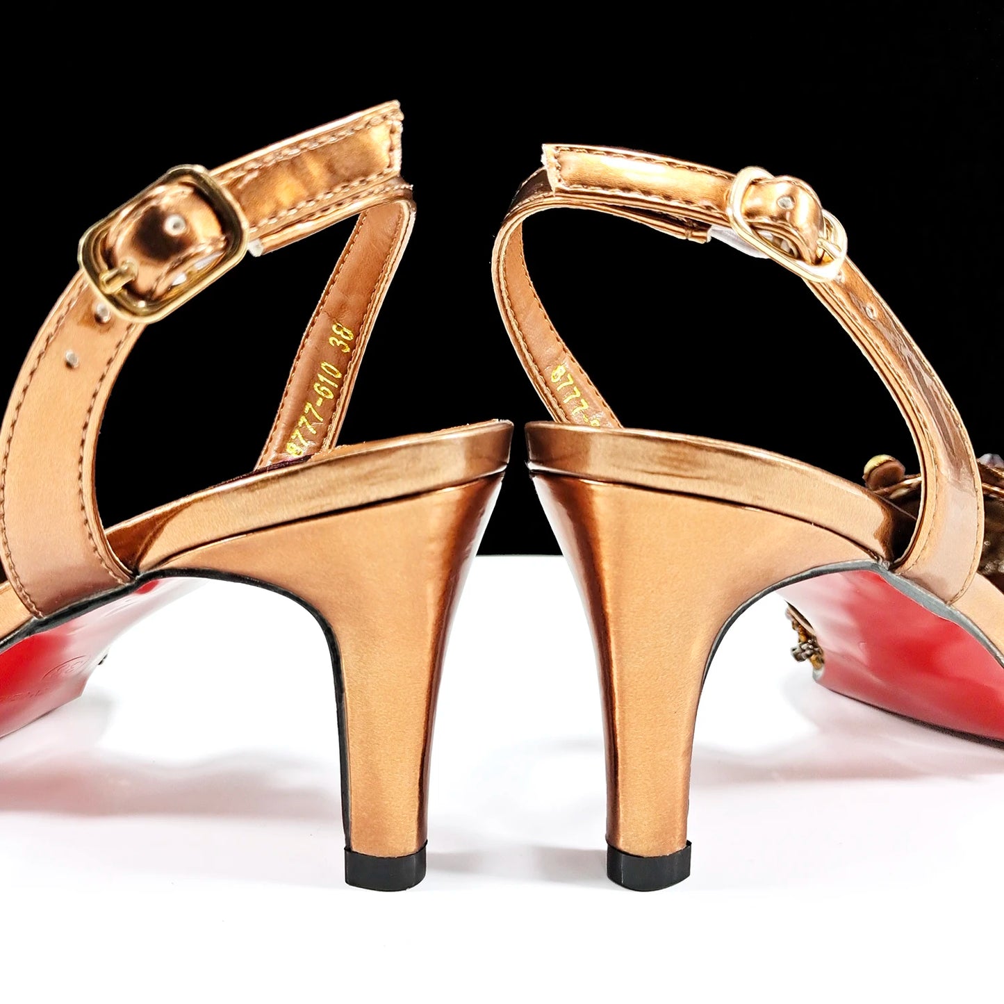 Italian Design Rhinestones and Coral Stones Ladies Party Shoes High Heels Pointed Toe Coffee Color Women's Shoes