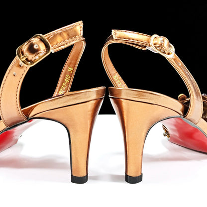 Italian Design Rhinestones and Coral Stones Ladies Party Shoes High Heels Pointed Toe Coffee Color Women's Shoes