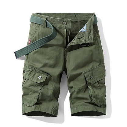 Summer Cargo Shorts Men's Pure Cotton Vintage Washed Multi Pocket Casual Straight Leg Trendy Knee Length Pants Streetwear