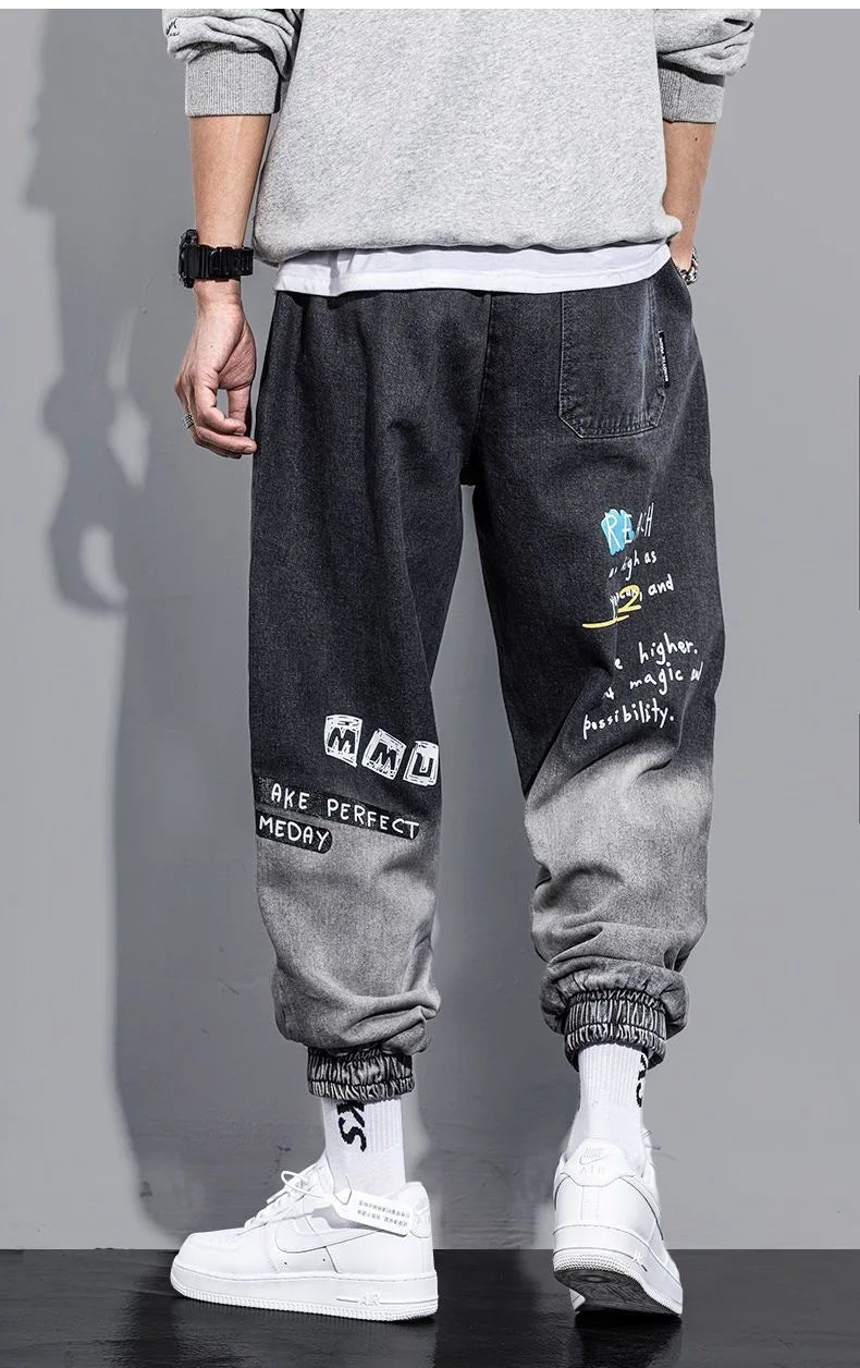 Printing Jeans Men's Gradient Hip Hop Trousers Harem Cartoon Loose Casual Ankle Banded Pants Cargo Denim Jeans Fashion