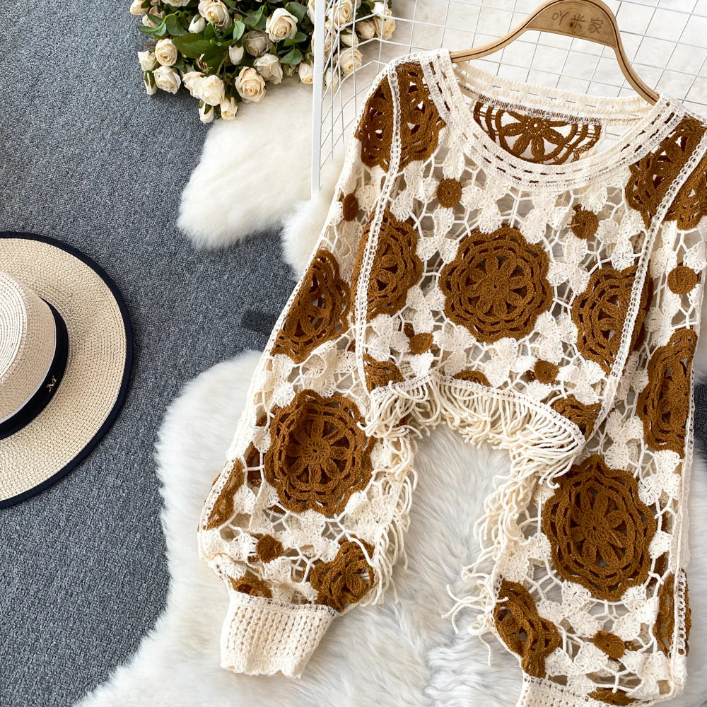 Hook Flower Hollow Out Tops Women Long Lantern Sleeves Tassels Vintage Bohemian Loose Beachwear Hotsweet Knit Blouse