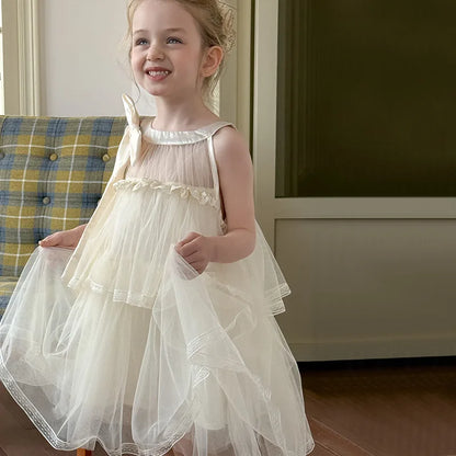 Girls Princess Dress Summer Kids French Sweet Sleeveless Bowknot Tulle Tutu Fluffy Birthday Party Pageant Dresses