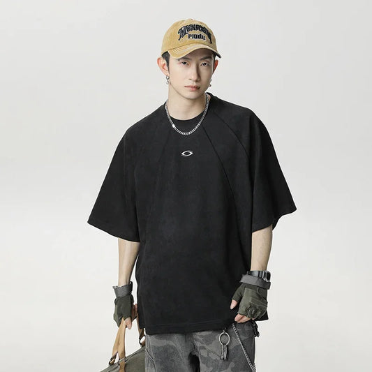 Brand Splicing Suede Male T Shirt 2026 Summer New American Vintage Short Sleeve T-shirts Man Solid Color Mens Clothing