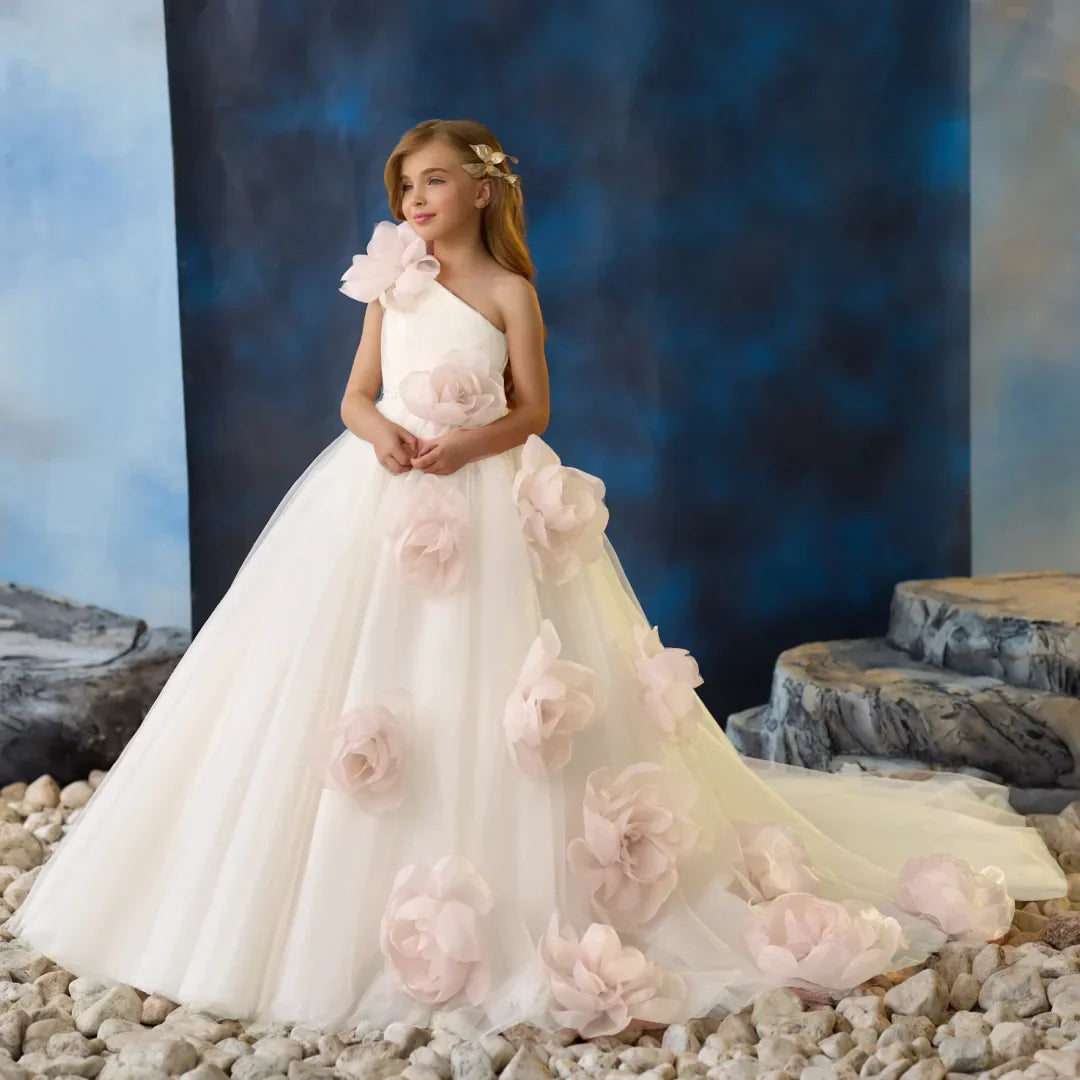 Customized Flower Girl Dress Pink Tulle Flowers Single Shoulder For Wedding Birthday Party Holy Communion Banquet Princess Gown