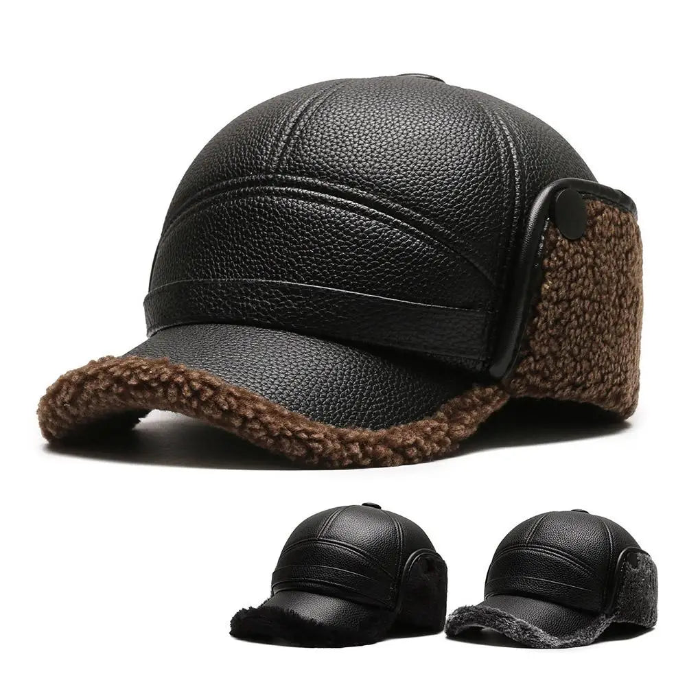 Winter Baseball Cap Men PU Leather Bomber Caps Middle Elderly Dad Hat With Earflaps Thicker Warm Windproof Tongue Hat Keep Warm