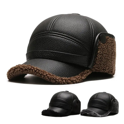 Winter Baseball Cap Men PU Leather Bomber Caps Middle Elderly Dad Hat With Earflaps Thicker Warm Windproof Tongue Hat Keep Warm
