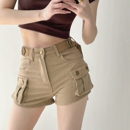 Women Military Green Denim Cargo Shorts Summer High Waisted Loose Wide Leg Y2K Hot Girl Casual Short Pants with Pockets