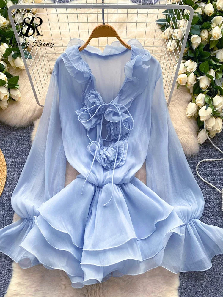 3D Floral Beach Short Dress Female Long Sleeves Lace Up Ruffle Chiffon Cake Sundress Sheer Sexy Vintage Bohemian Dress