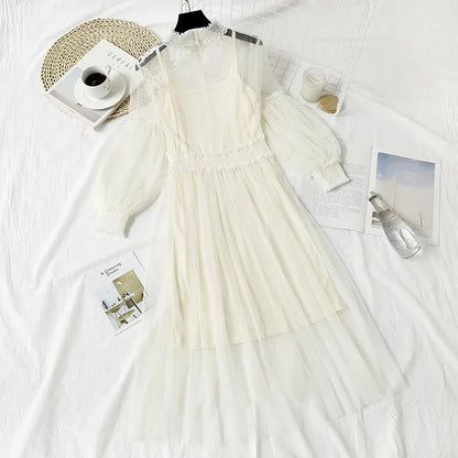 Lace Flower Mesh Summer Dress Women Lantern Sleeve White Casual Dresses Female Party Vintage Slim Women Dress 2 Piece Sets 12041