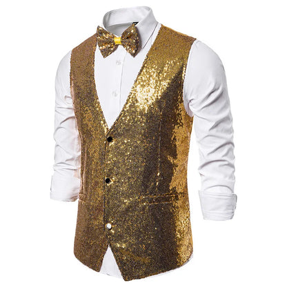 2026 Men's Shiny Gold Sequin Glitter Embellished Blazer Waistcoat Night Club Blazer Wedding Party Waistcoat Stage Singers Vest