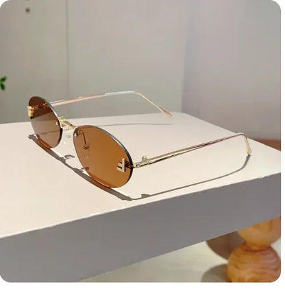 Rimless Oval Sunglasses Women 2025 New Fashion Gradient Ocean Lenses Sun Glasses Stylish Women Luxury Brand Design Shades