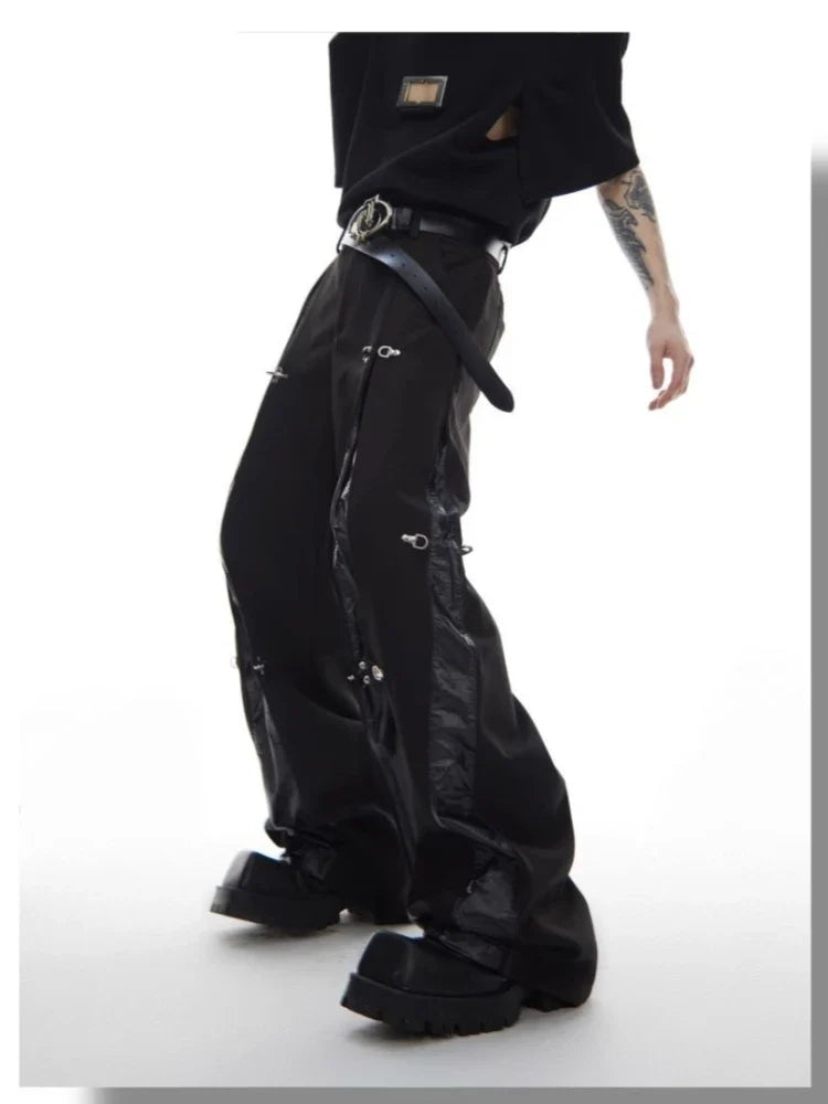 Mens Trousers Harajuku Deconstructed Streetwear Metal Buckle Suit Pants Leather Patchwork Straight Leg Loose Fit Draped Casual