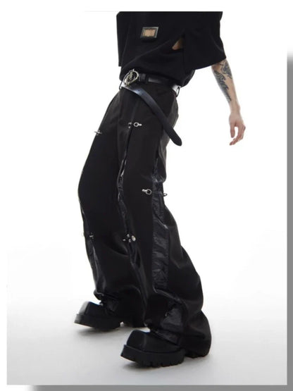 Mens Trousers Harajuku Deconstructed Streetwear Metal Buckle Suit Pants Leather Patchwork Straight Leg Loose Fit Draped Casual