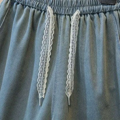 Women's High Waist Denim Shorts Summer Casual Loose Wide Leg with Lace Edging Five Points Trousers