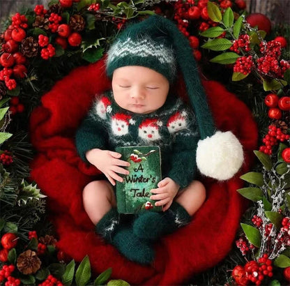 Christmas Baby Clothing Newborn Boy Girl Photography Santa Claus Costumes Sets Green Knitted Romper Stockings Hat 3pcs for Xmas
