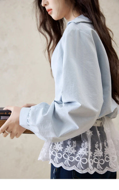 French Spring Shirts Women 2025 Long Sleeve Turn-down Collar Fake Two-piece Blouses Female Splicing Lace Tops MXE16C0783