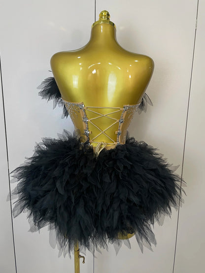 2025Women Sexy Backless Strap Mesh Fluffy Skirt 2 Pieces Diamond Sequins Stage Performance Costume Birthday Party Shooting Dress