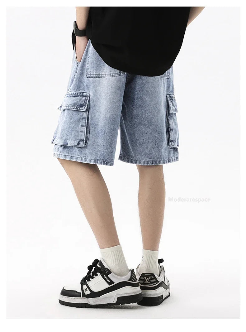 Summer Retro Fashion Denim Shorts for Men Loose Straight Leg Multi-pocket Short Jeans With Elastic Waist and Drawstring Male