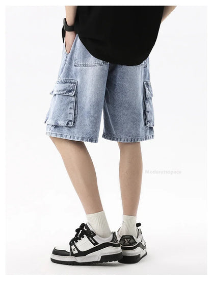 Summer Retro Fashion Denim Shorts for Men Loose Straight Leg Multi-pocket Short Jeans With Elastic Waist and Drawstring Male
