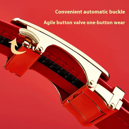 Men belt red leather belt automatic buckle adjustable belt in Europe and the United States personality trend pants belt