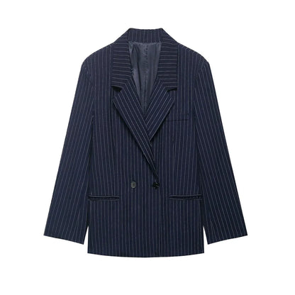 Women's Old Money Style Ovesized Striped Blazer Coat Long Sleeve Front Pockets Chic Oversize Top Female Outerwear