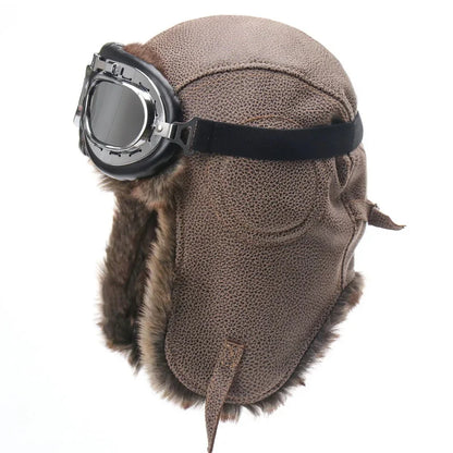 Men Winter Bomber Hat With Goggles Outdoor Motorcycle Windproof Warm Faux Fur Pilot Earflap Hat Leather Thermal Ushanka