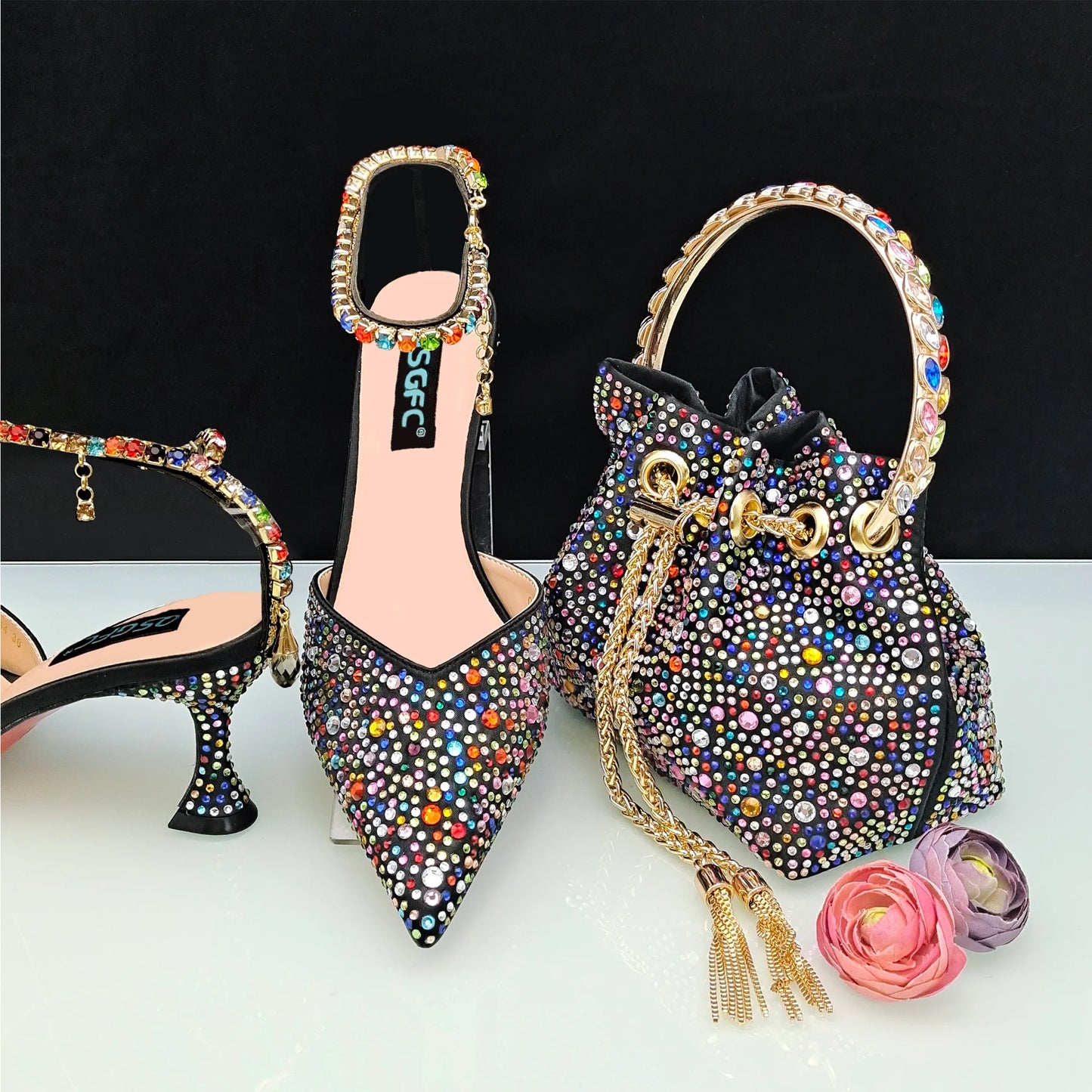 New Gold Glitter Fabric Pointed Toe High Heels With A Variety Of Shapes Of Rhinestones Fashion Party Ladies Shoes And Bag
