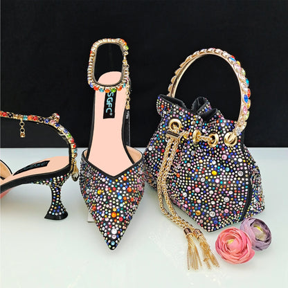 New Gold Glitter Fabric Pointed Toe High Heels With A Variety Of Shapes Of Rhinestones Fashion Party Ladies Shoes And Bag