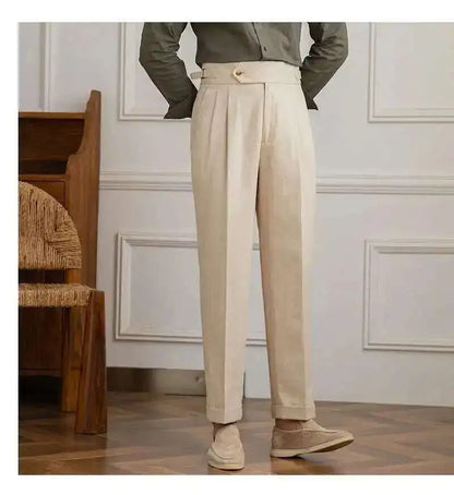 Linen Cotton High Waist Straight Casual Pants Men Versatile Naples Gentleman Pleated Pants High Quality Italian Dress Trousers