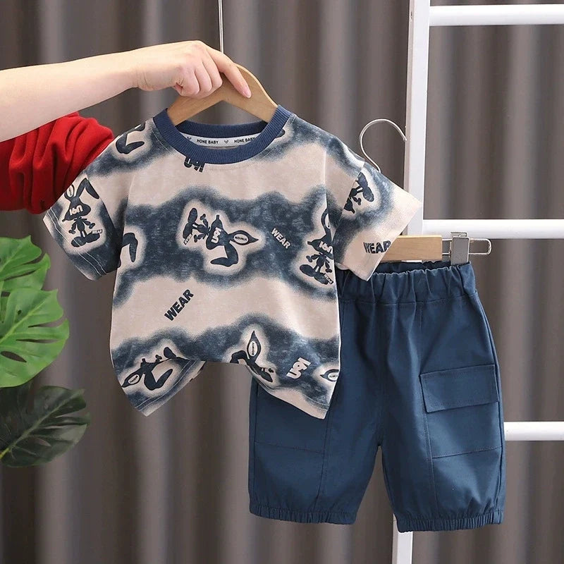 New Summer Kids Boy's Clothes Suits Children Blue Cartoon T Shirt Shorts 2Pcs/Set Casual Toddler Baby Tracksuits 0-5 Years