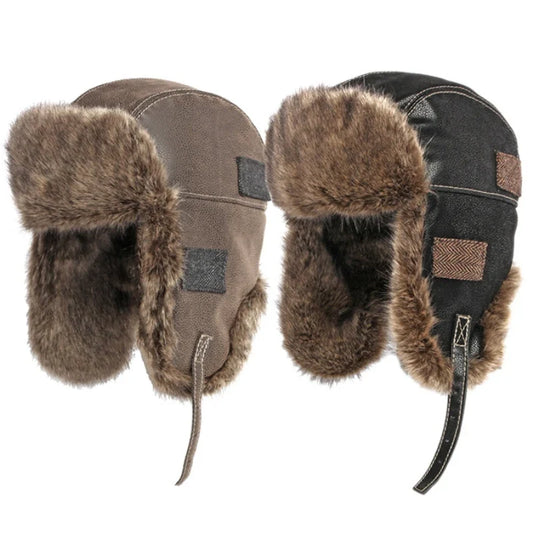Russian Hat Thick Warm Leather Winter Hat Men Women Windproof Fluffy Fur Bomber Hat Ski Earflap Cap Russian Ushanka Hat