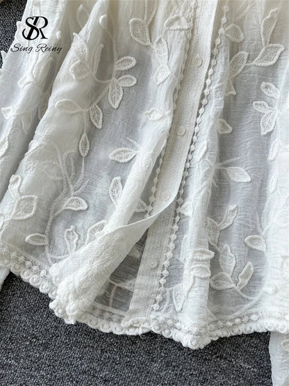 2025 Spring Gentle Women Blouse Leaves Embroidery Single Breasted Long Sleeves Summer Thin Streetwear Casual Shirt