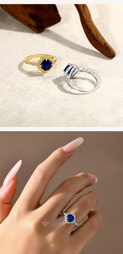 ATTAGEMS Bague saphir bleu classique taille coussin 2,0 carats DVVS1 Véritable argent sterling 925 pour femme Fiançailles Mariage Bijoux fins