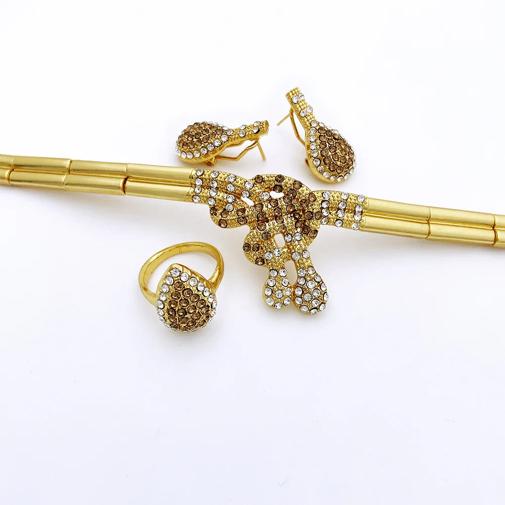 Dubai Gold Color Women Jewelry Sets Classic Design Necklace Earrings Charm Bracelet Ring  Banquet Party Jewelry 18K Gold Plated