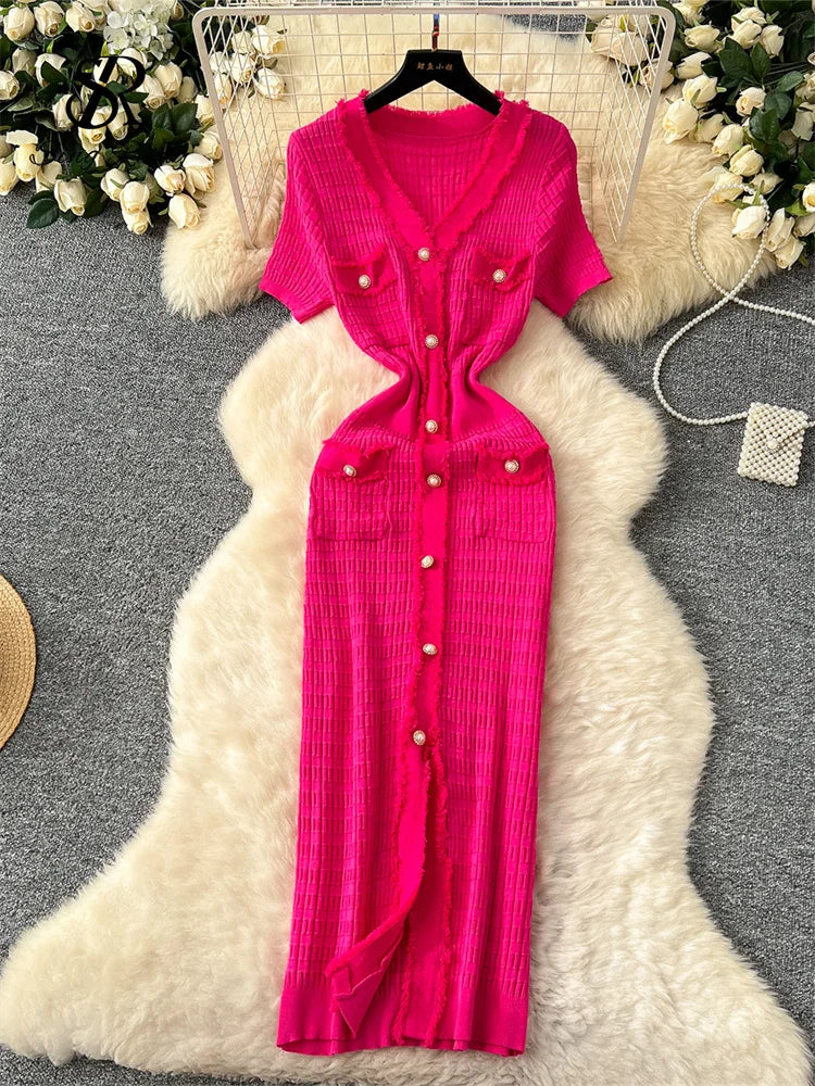 High Quality Elastic Knitted Long Sundress Women Short Sleeves Button Design Office Lady Vintage Split Slim Dress