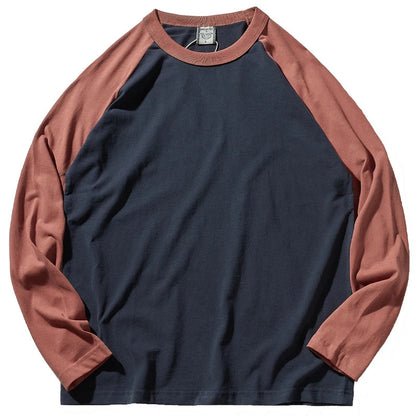 Autumn New American Retro Long Sleeve O-neck Contrast Splicing T-shirt Men's Fashion 100% Cotton Washed Old Casual Sport Tops