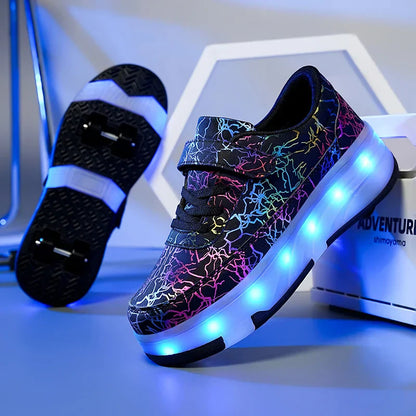 4 Wheel Dual-Use Roller Skates with Detachable Wheels ,Sneakers with LED Boys Girls Shoes with Wheels,Speed Skate Sizes 29-42